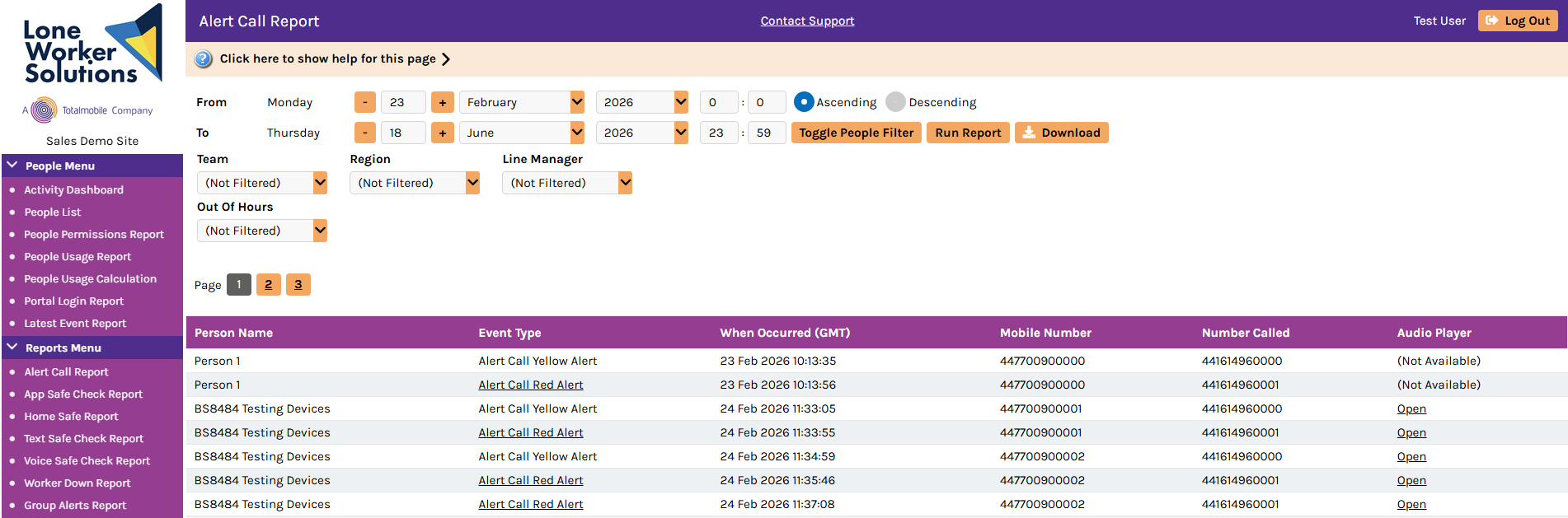 Example image of the Alert Call Report page that shows the name and details associated with the Alert Call events for the given date range and search criteria
