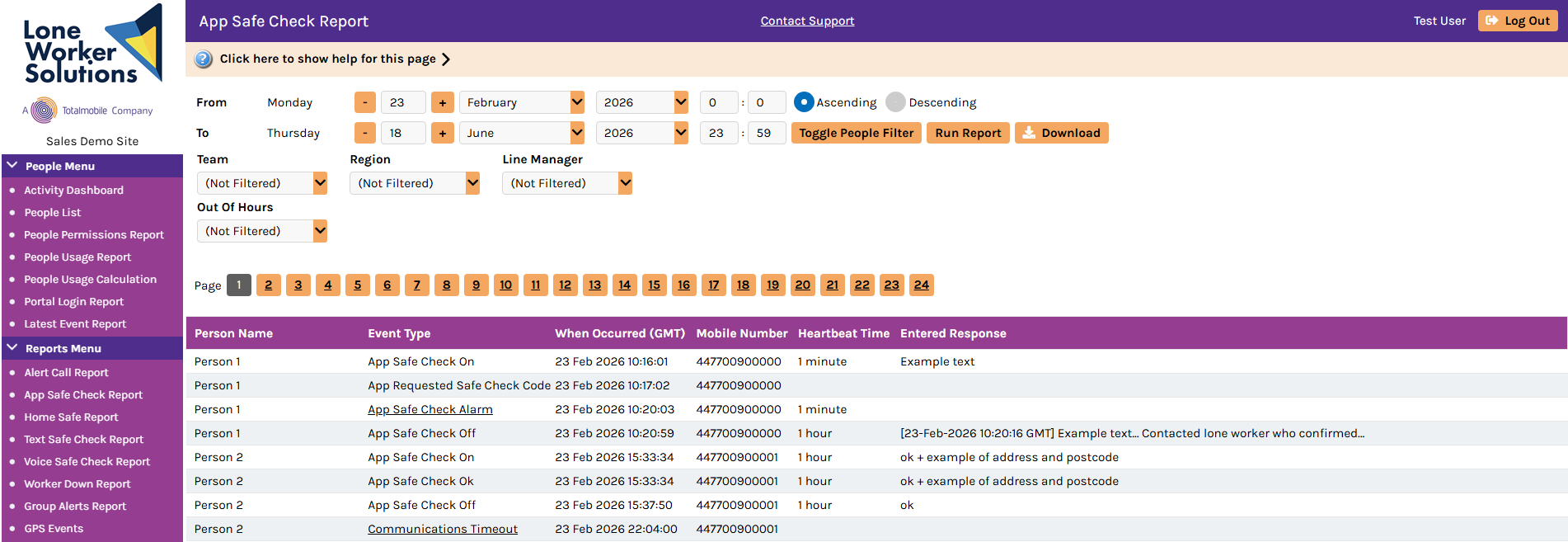 Example App Safe Check Report page that shows the person name and details associated with the App Safe Check events for the given date range and search criteria